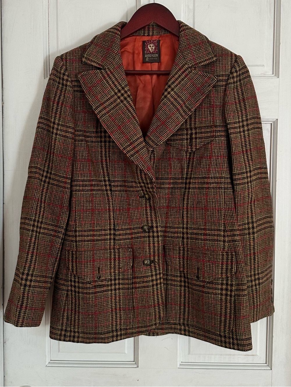 ANNE KLEIN Women’s Vintage Brown Glen Plaid Tweed Blazer Jacket Size L
